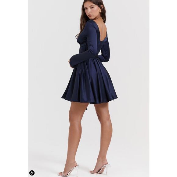 House of CB Dress Small Plus Cup Dominique Navy Plunge Mini Blue Satin Flirty - Picture 4 of 15